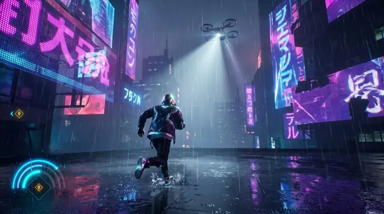 A character sprinting across a neon rooftop in the rain.