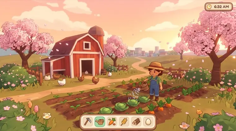 A farming sim at sunrise with cherry blossom trees.