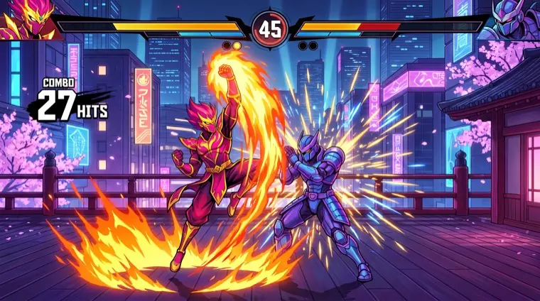 A fighting game combo on a neon rooftop stage.