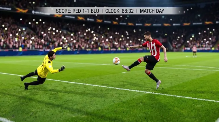 A striker volleying past a diving keeper.