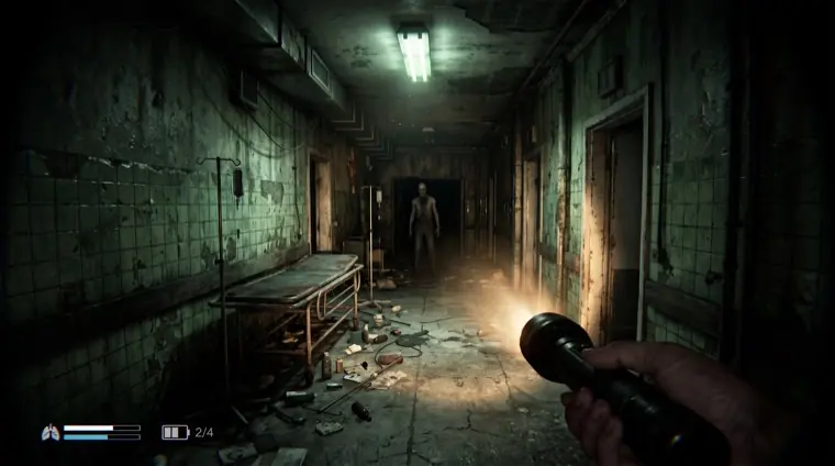A flashlight down a derelict hospital corridor.