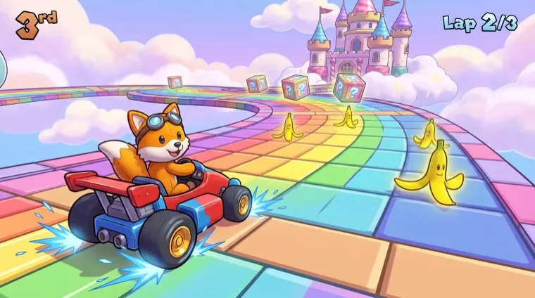 A kart racer drifting on a rainbow sky track.