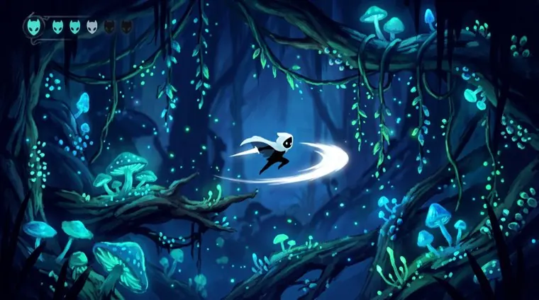 A cloaked hero air-dashing through a glowing cave.