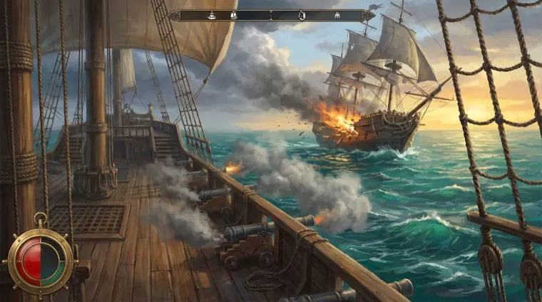 A tall ship firing a broadside at a galleon.