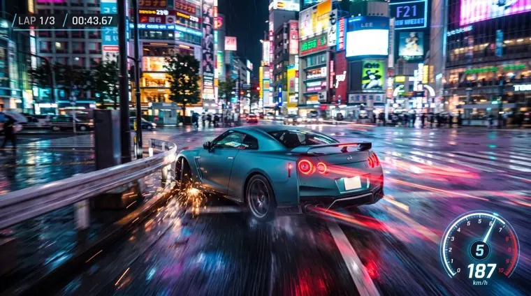 A car drifting through a neon intersection in the rain.