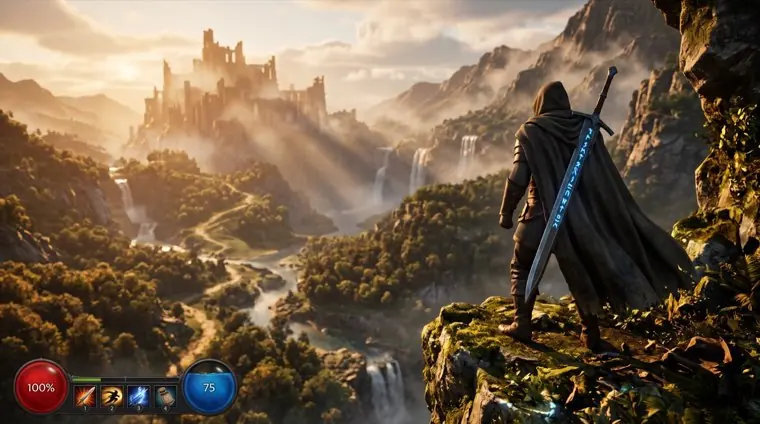A cloaked warrior on a cliff above a golden valley.