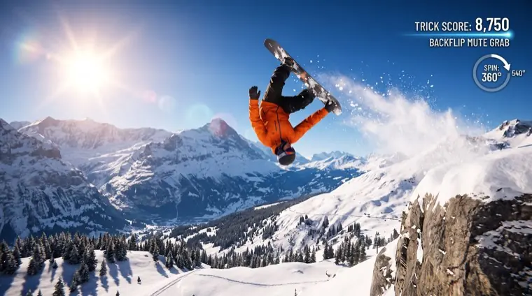 A snowboarder mid-backflip off an alpine cliff.