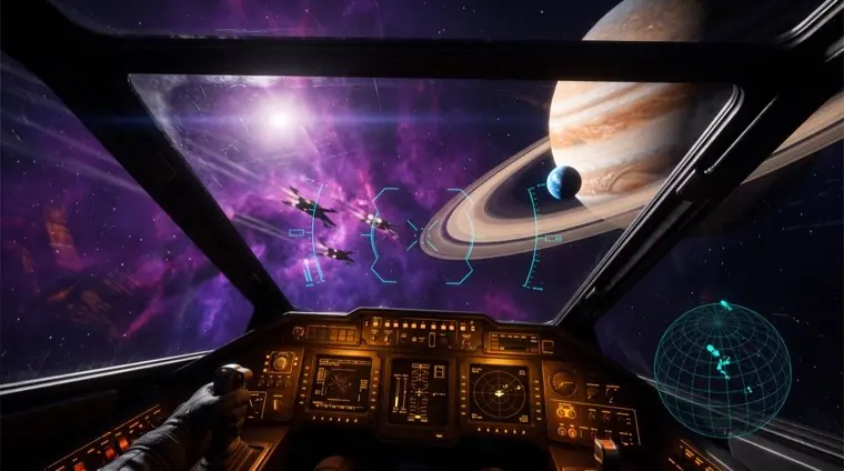 A cockpit view of a ringed gas giant and three fighters.